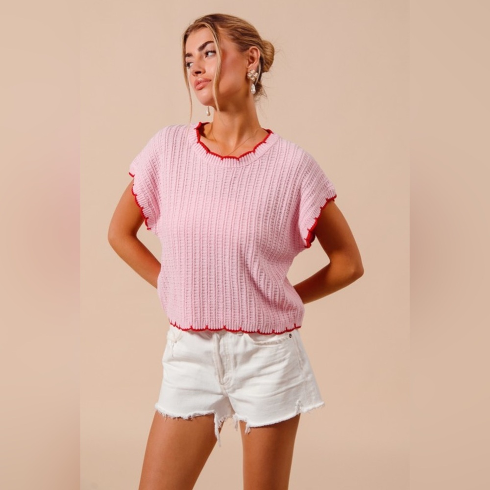 Ava- Pink Ribbed Knit Top with Red Trim